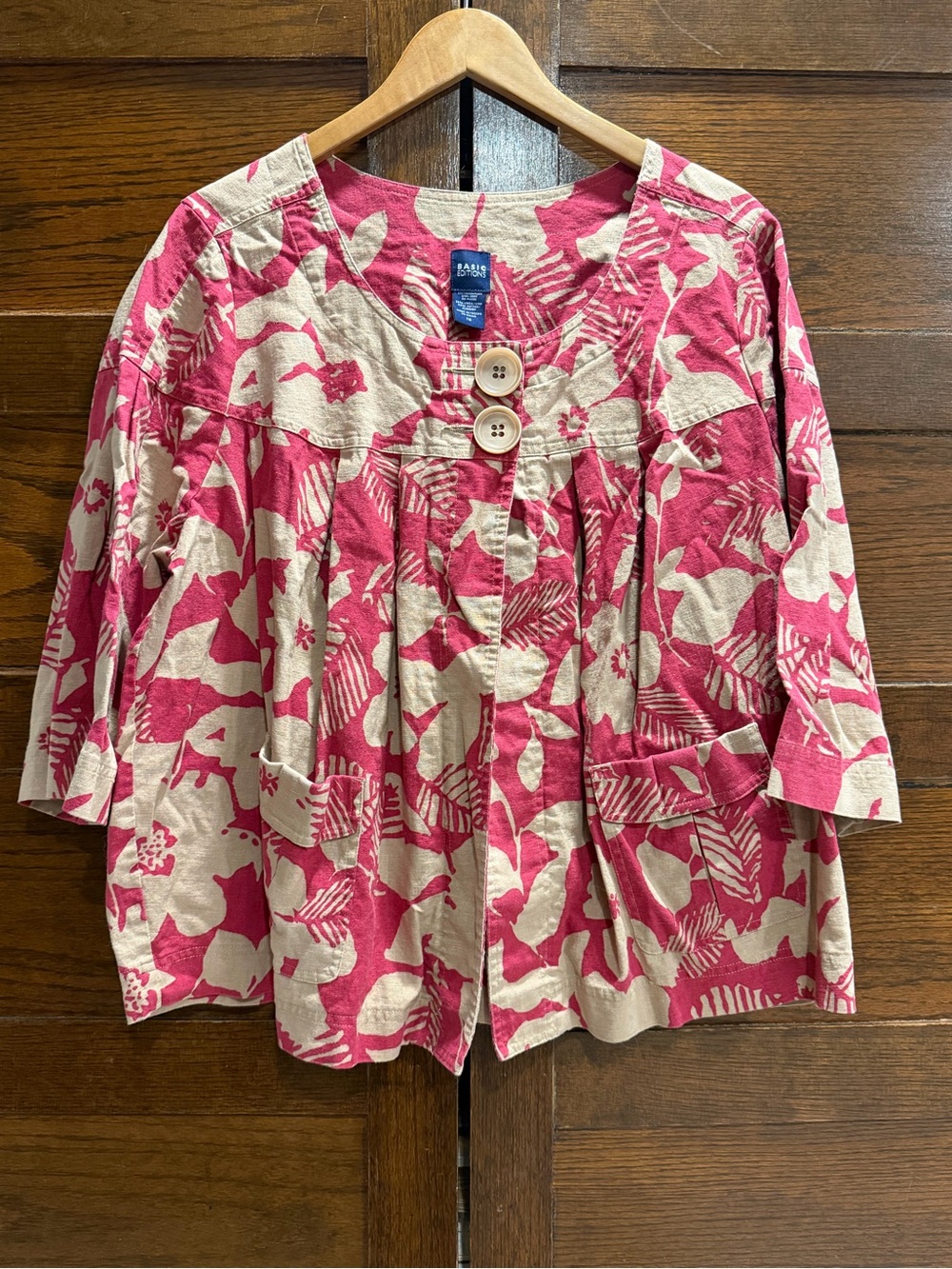 Basic Editions 1X linen cotton Button top swing A line Jacket coat floral pink